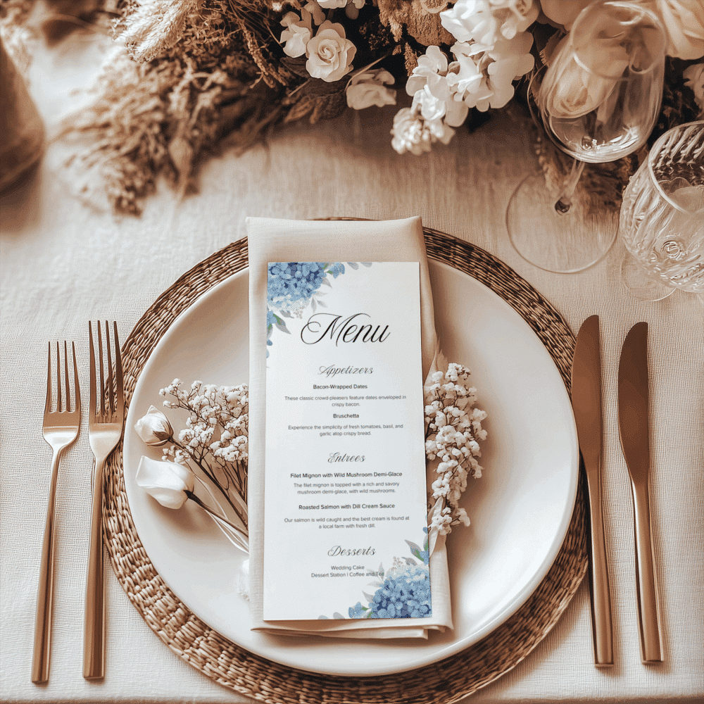 Elegant Blue Hydrangeas Menu Card | Editable Canva Template