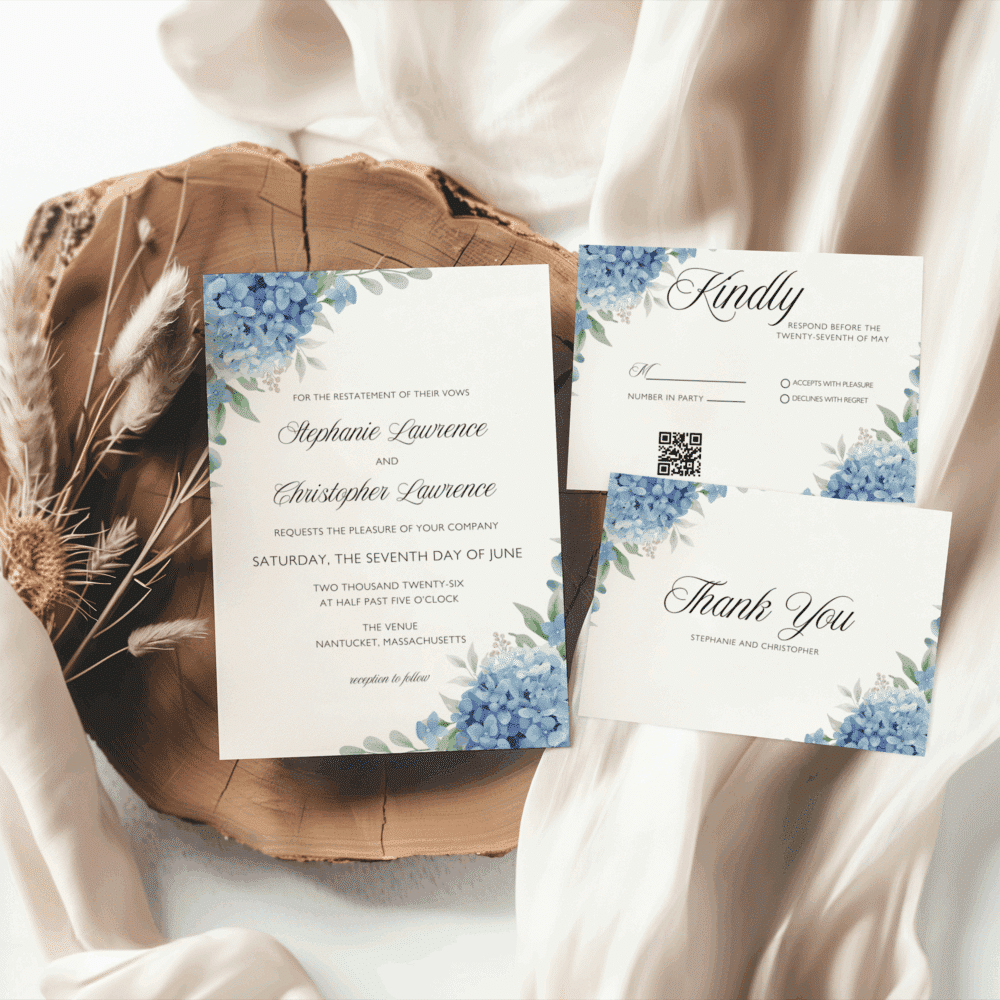 Elegant Blue Hydrangeas Wedding Bundle | Editable Canva Template