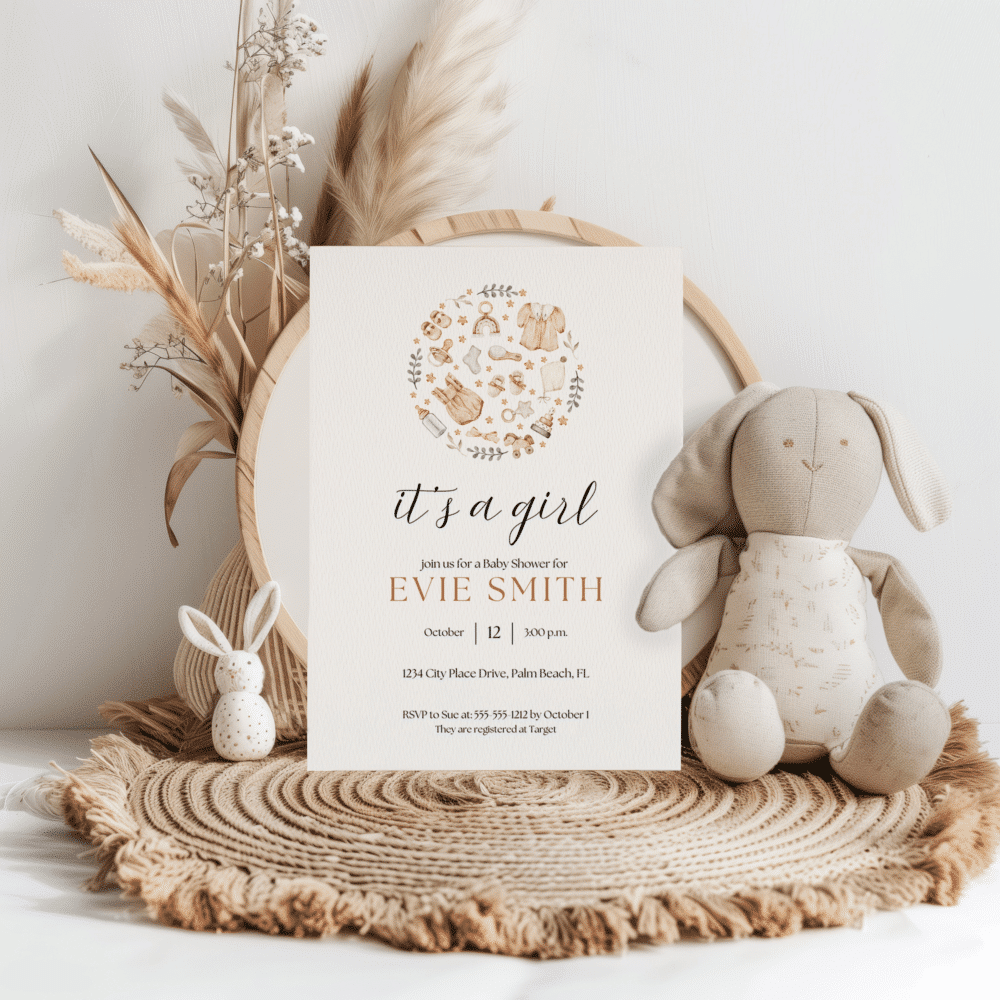 Invitation with baby items in browns and grays on white paper | Patti and Hank