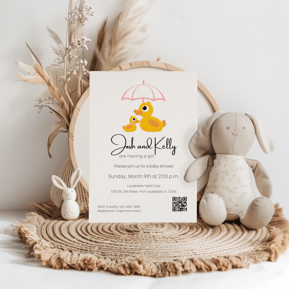 Invitation for a girl featuring a mother duck with her baby with a pink umbrella on white paper | Patti and Hank