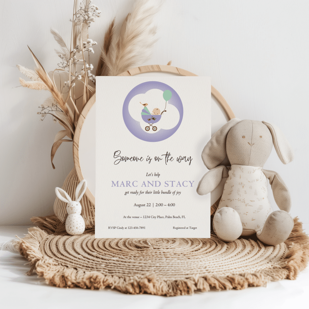 Purple and green baby shower invitation non-specific on white paper | Patti and Hank