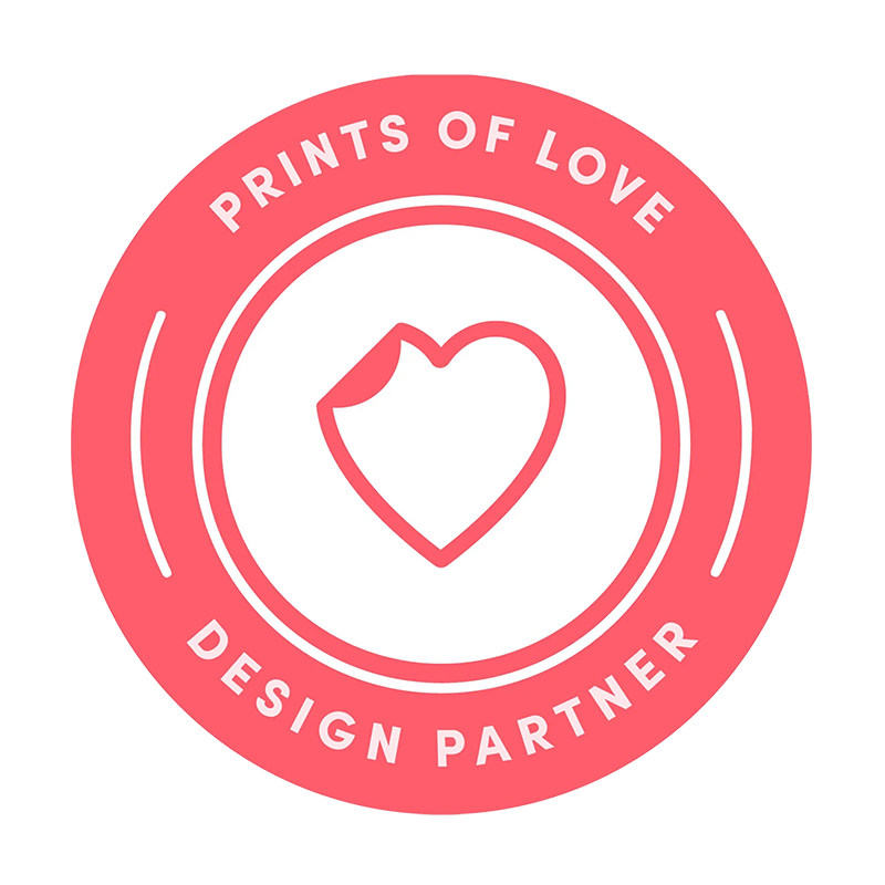 Prints of Love logo for design partners. Pink and white circle with a heart in the middle | Patti and Hank