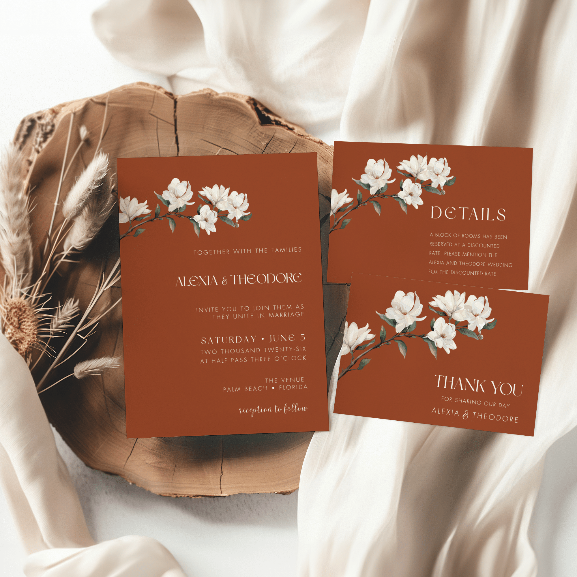 Southern Magnolia Wedding Invitation Set – Editable Canva Templates | Full Wedding Bundle