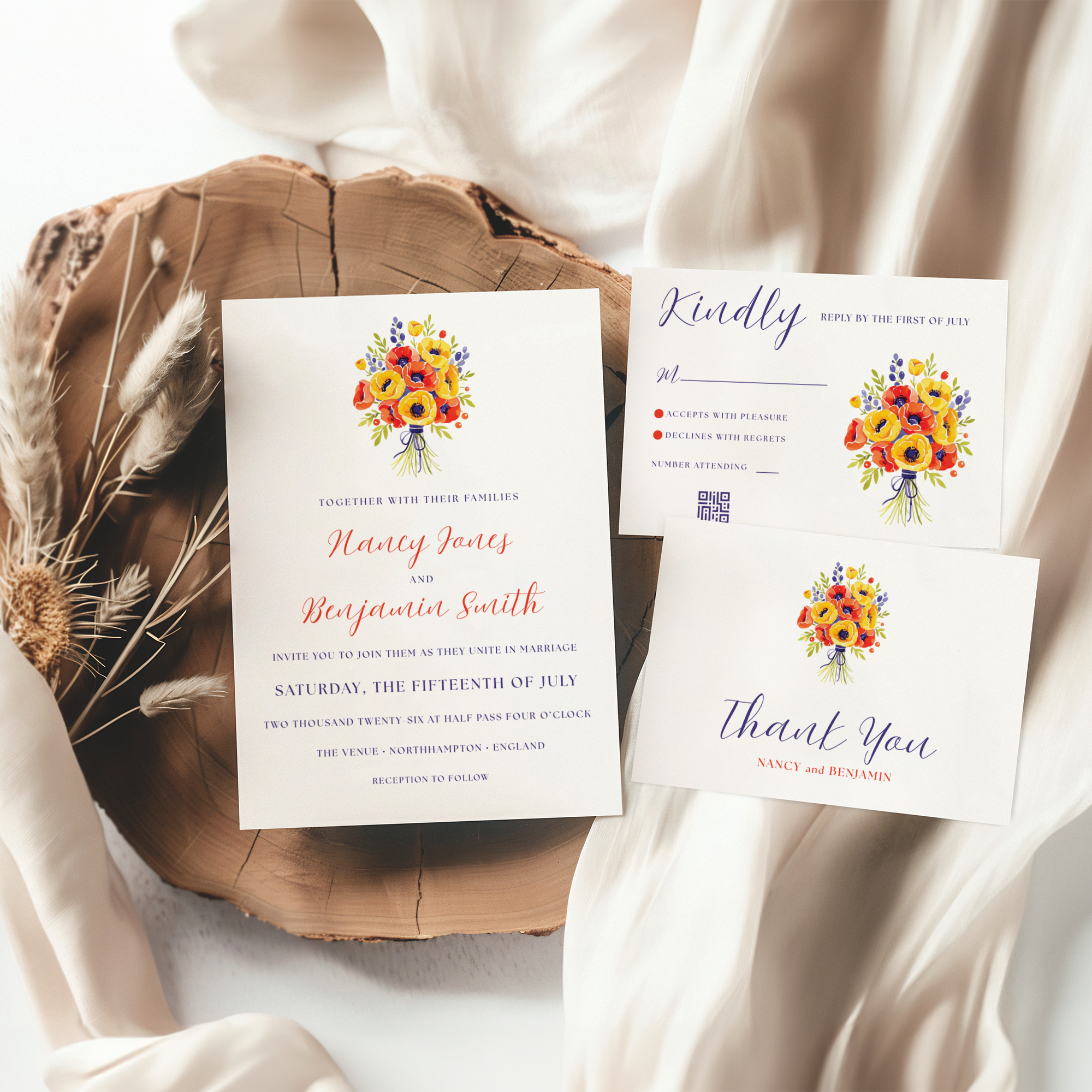 Colorful Poppies Wedding Invitation Bundle – Editable Canva Template Suite for Spring or Garden Weddings