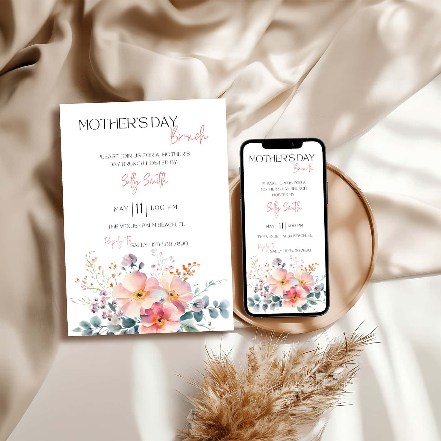 Watercolor Mother's Day Brunch Invitation | Editable Canva Template | Print + Free Phone Version