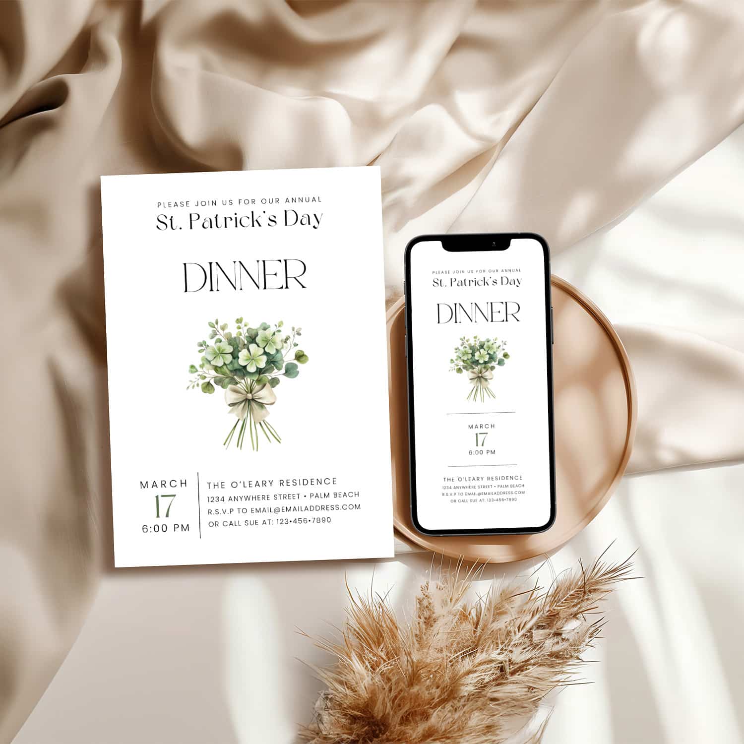 Elegant St. Patrick’s Day Dinner Invitation & Menu Template | Irish-Inspired Botanical Invitation Suite | Editable Canva Template