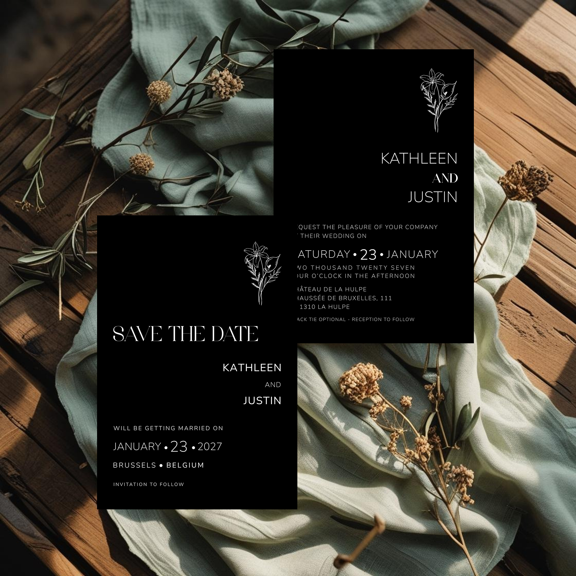 Black Botanical wedding invitation suite mockup on a deep black background with white line-art floral crest, matching save the date card, styled on wood with sage linen and dried botanicals.
