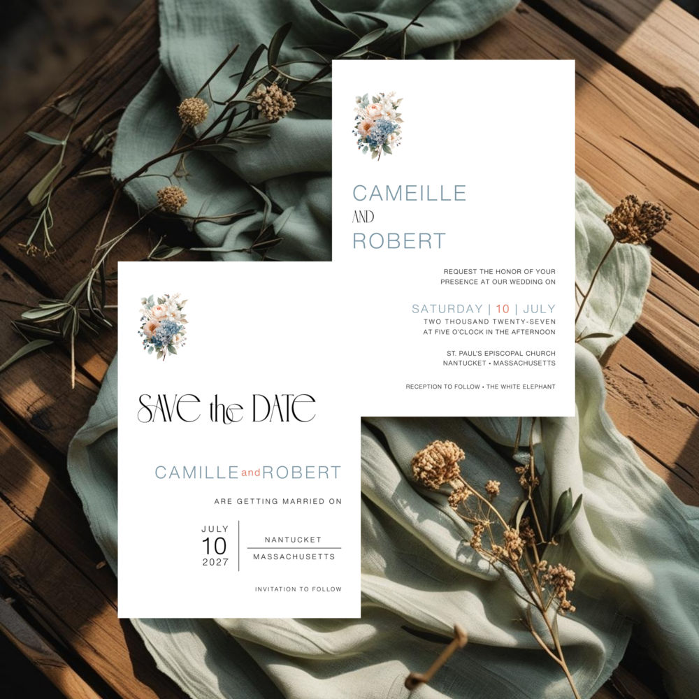 Coastal wedding invitation suite mockup featuring a blue hydrangea and blush floral bouquet motif, with matching save the date.