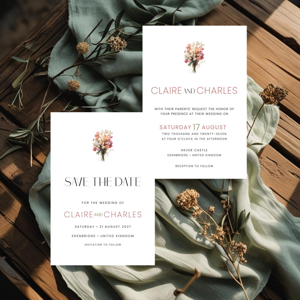 English Garden wedding invitation suite mockup with a romantic sweet pea bouquet in blush and coral tones, matching save the date.