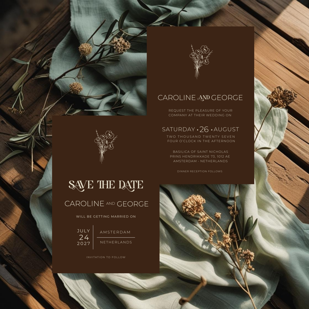 Espresso wedding invitation suite mockup on a rich brown background with cream line-art floral bouquet, matching save the date for an Amsterdam, Netherlands wedding.