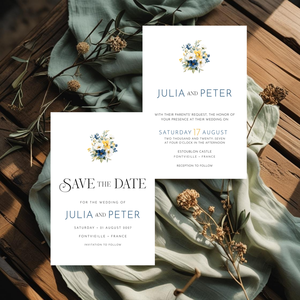 French Blue wedding invitation suite mockup with a navy, white, and yellow wildflower bouquet, matching save the date.