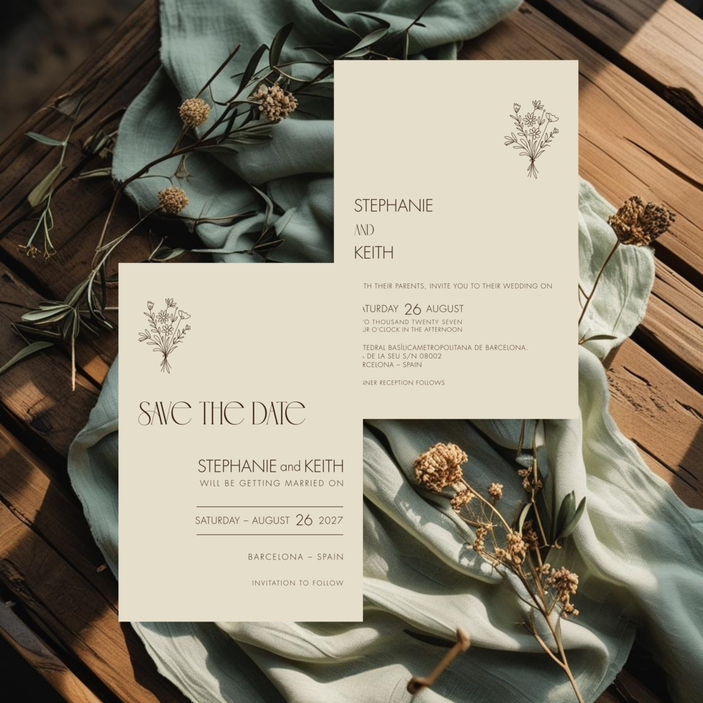 Parchment wedding invitation suite mockup on a cream background with delicate brown line-art wildflower bouquet, matching save the date.