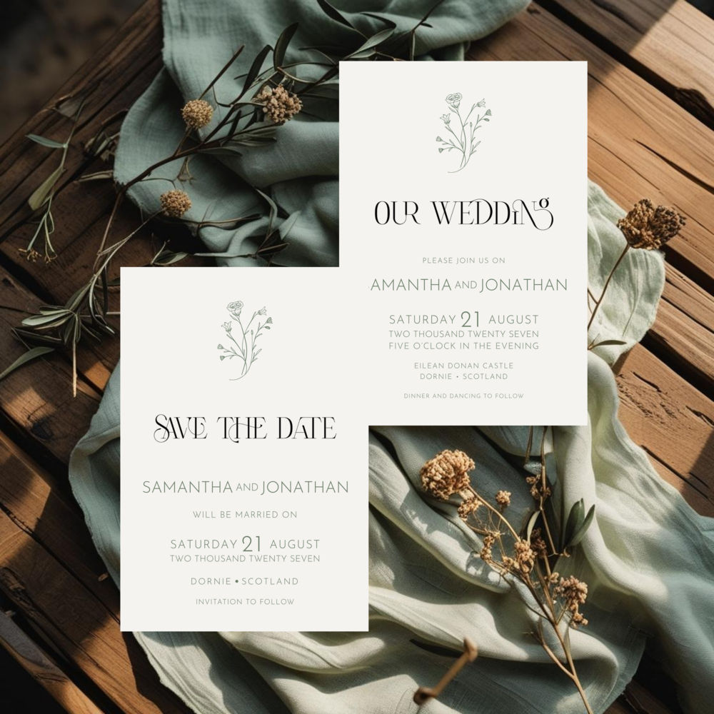 Sage Green wedding invitation suite mockup on an ivory background with soft green line-art floral sprig, matching save the date for a Dornie, Scotland wedding at Eilean Donan Castle.