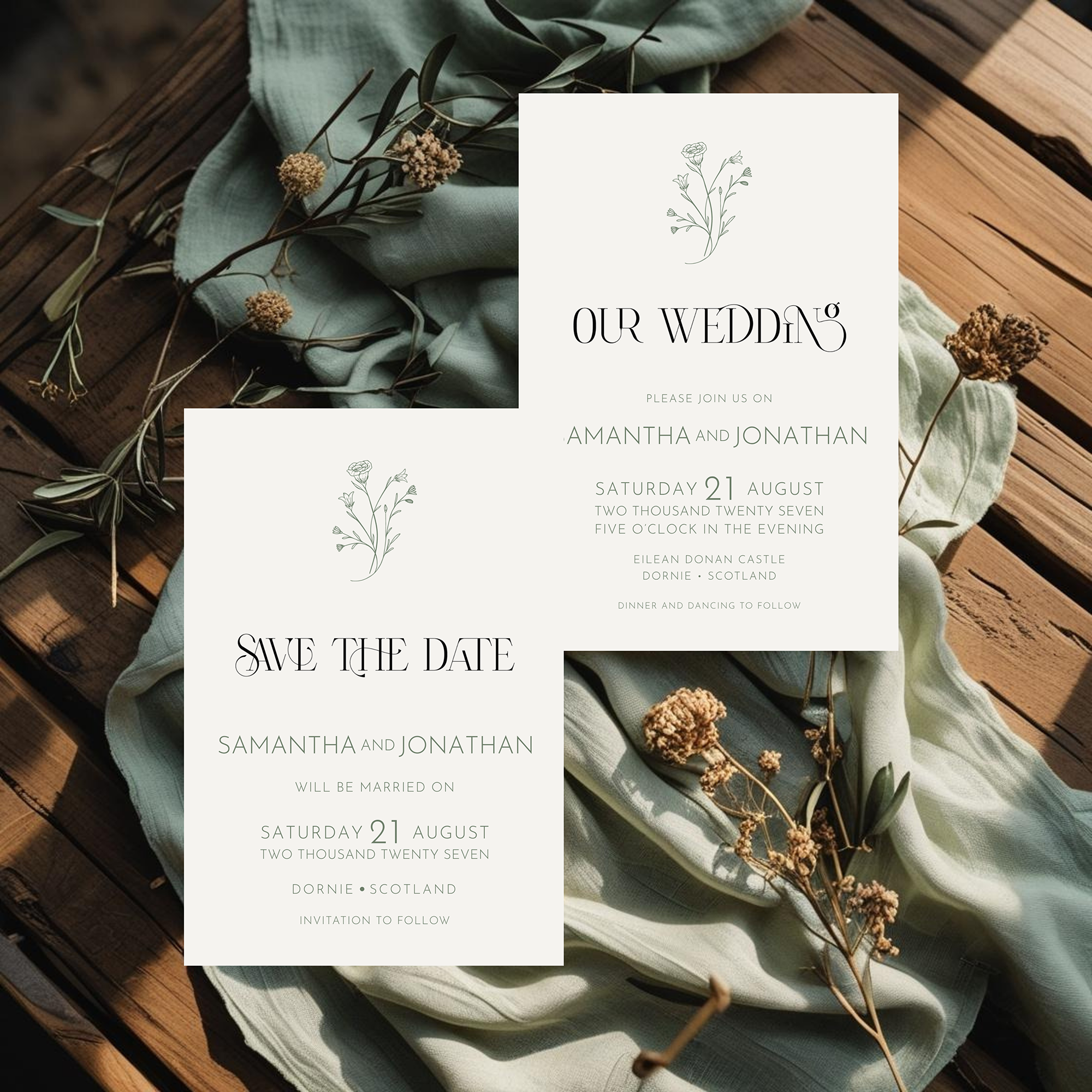 Sage Green wedding invitation suite mockup on an ivory background with soft green line-art floral sprig, matching save the date for a Dornie, Scotland wedding at Eilean Donan Castle.