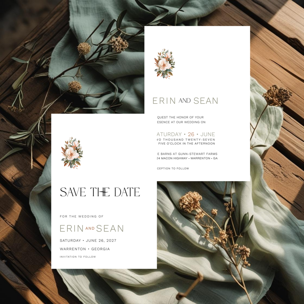 Southern wedding invitation suite mockup featuring a blush magnolia and eucalyptus bouquet, matching save the date.