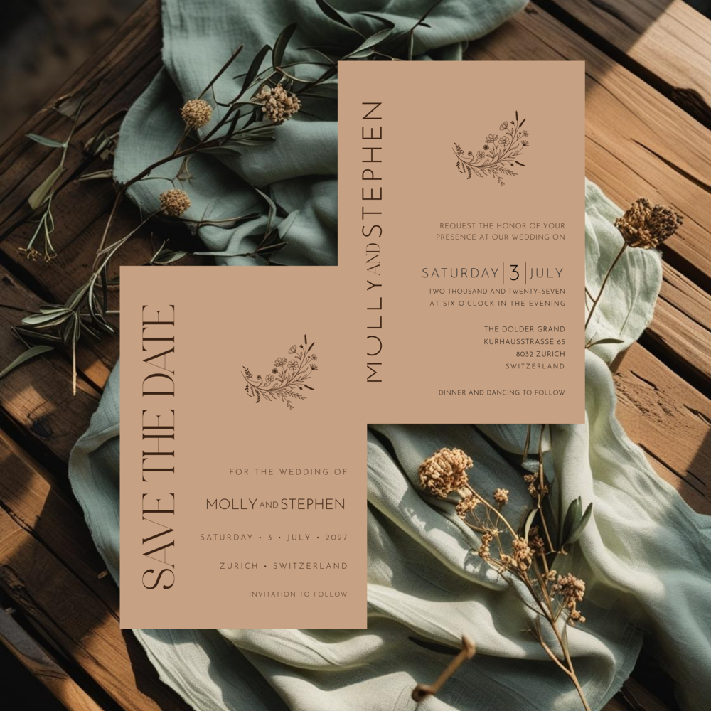 Terracotta wedding invitation suite mockup on a warm clay background with brown line-art wildflower sprig, matching save the date for a Zurich, Switzerland wedding at The Dolder Grand.