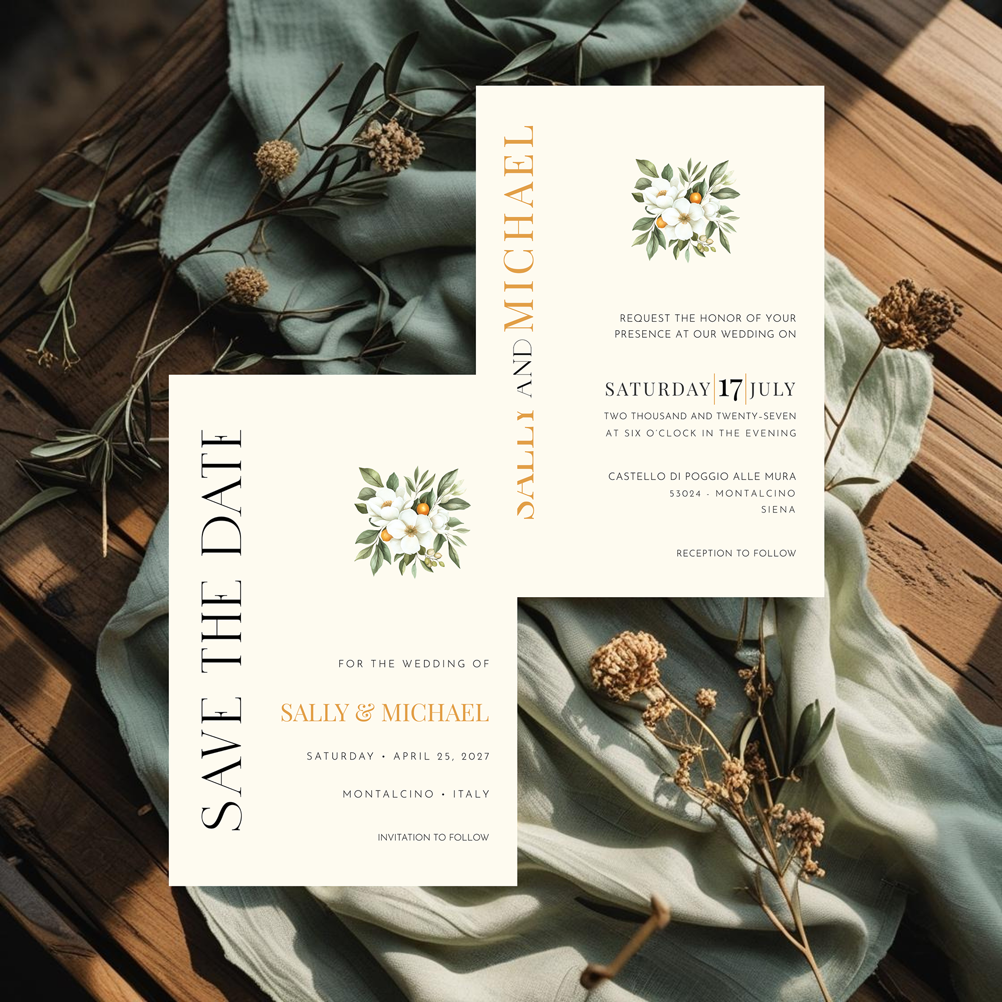 Tuscan wedding invitation suite mockup with a white magnolia and citrus bouquet, matching save the date.