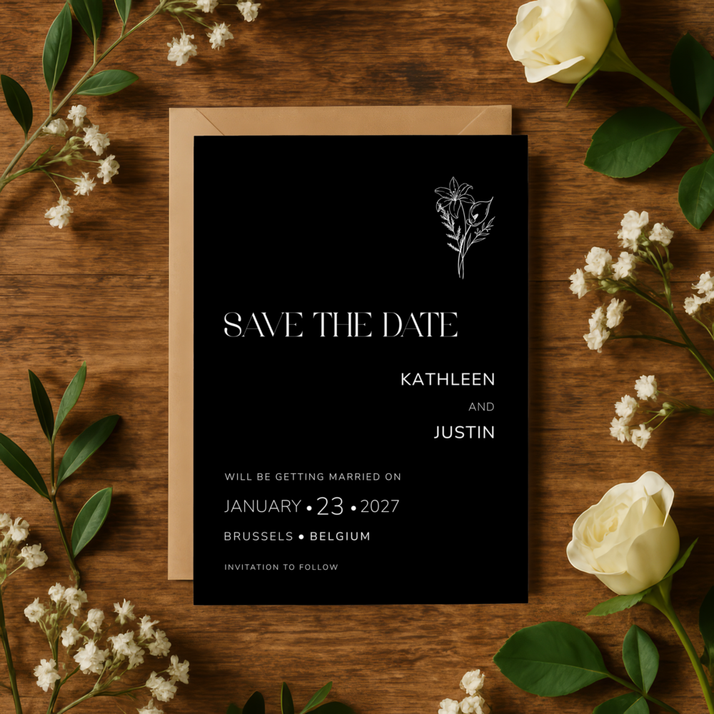 Black tie wedding theme Save the Date card with botanical line art, black card with white lettering – Black Botanical, Heritage Collection by Patti & Hank
