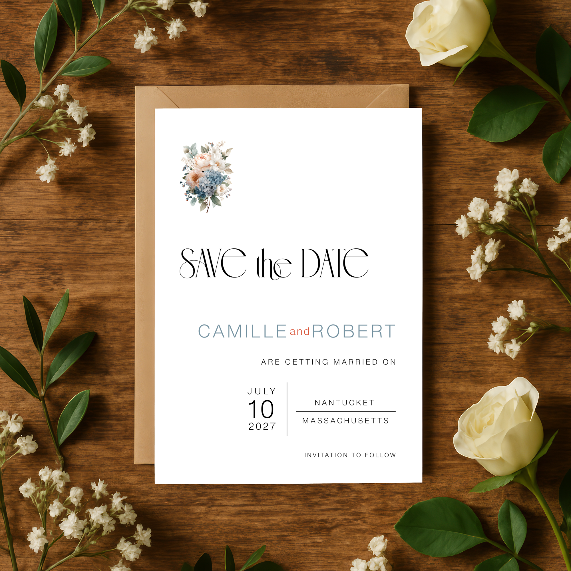 Coastal wedding Save the Date card with a blue hydrangea wedding floral bouquet – Heritage Collection by Patti & Hank