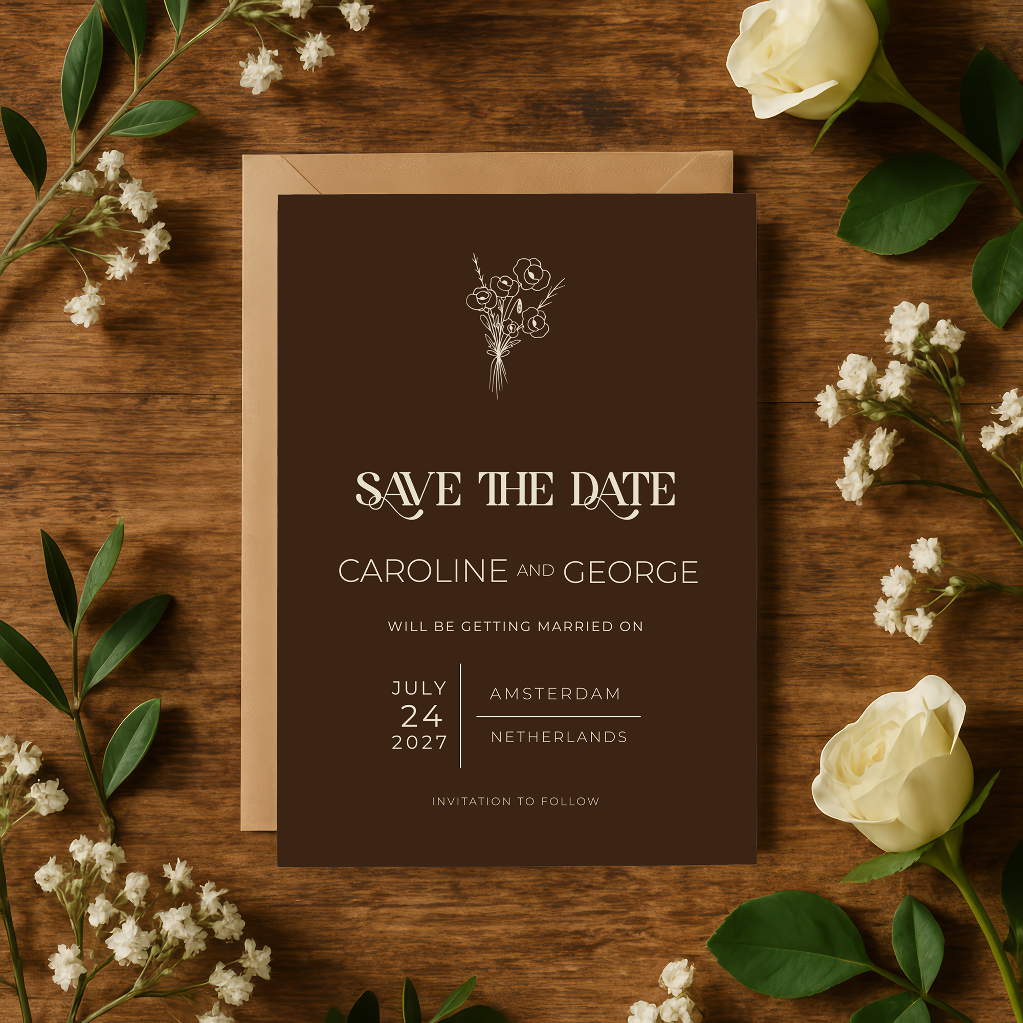 Espresso wedding Save the Date card, deep brown card with cream floral line art – Heritage Collection by Patti & Hank