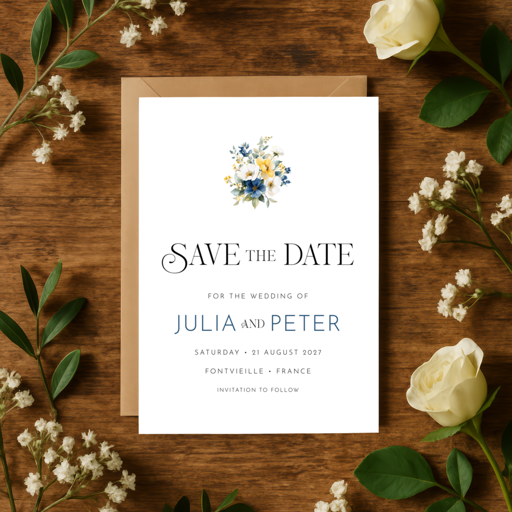 French Blue wedding Save the Date card with a navy and yellow floral bouquet – Heritage Collection by Patti & Hank