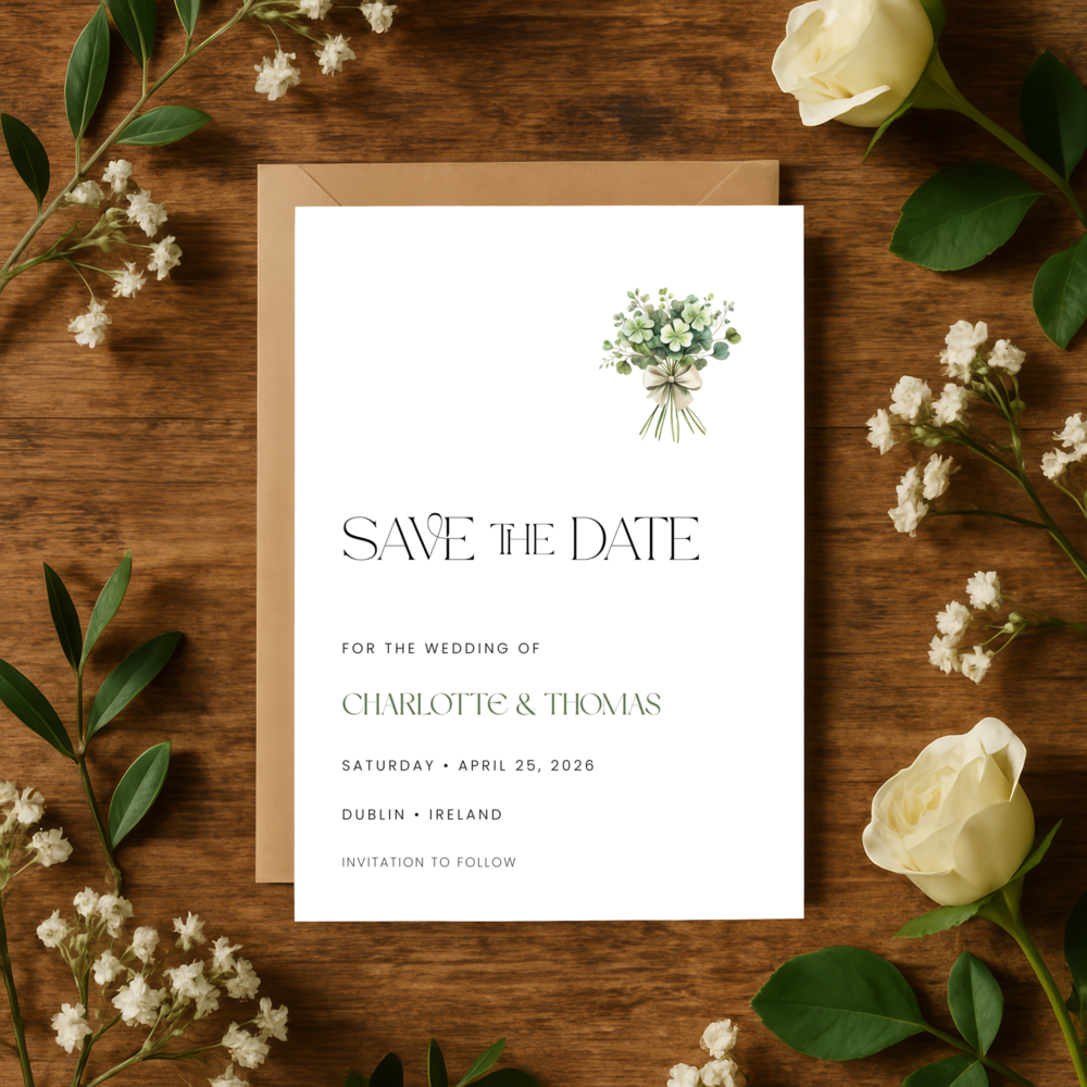 Irish wedding Save the Date card with a clover and eucalyptus bouquet line art – Irish Inspired, Heritage Collection by Patti & Hank