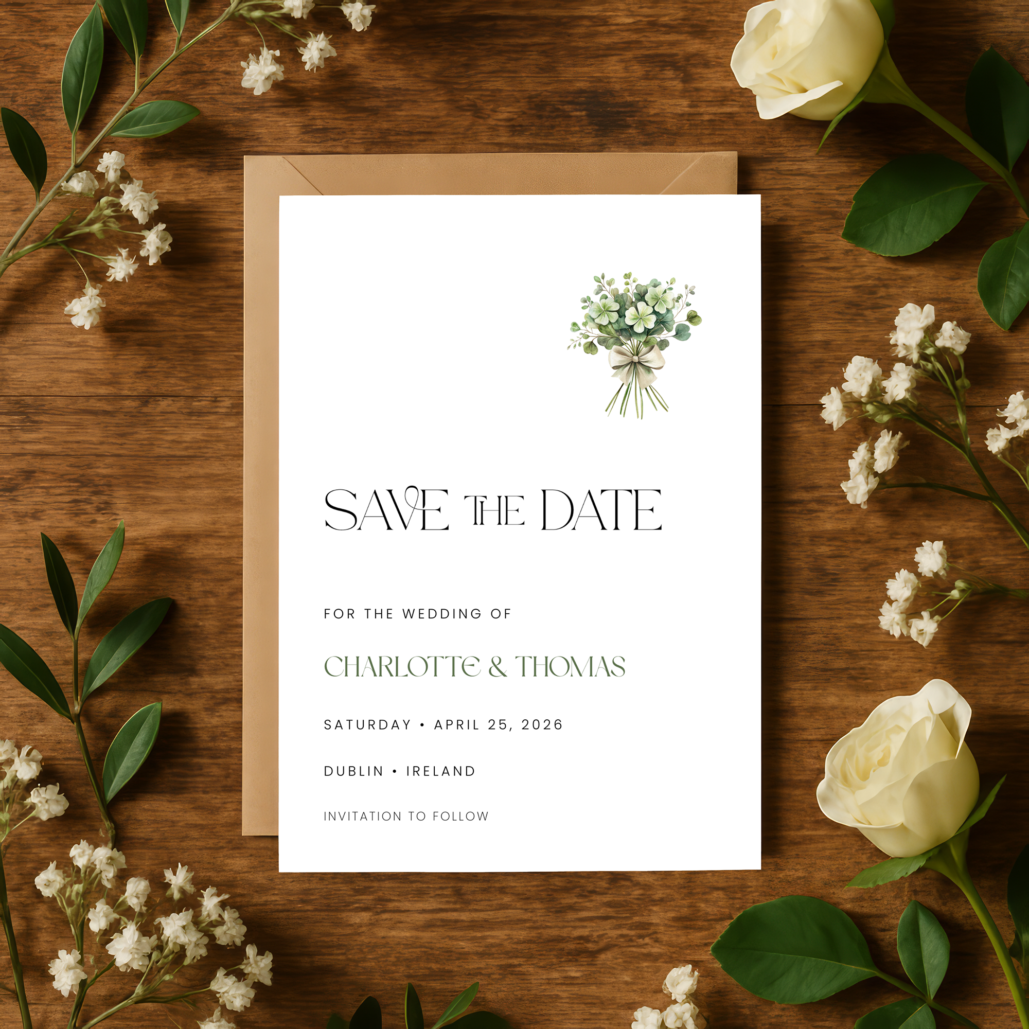 Irish wedding Save the Date card with a clover and eucalyptus bouquet line art – Irish Inspired, Heritage Collection by Patti & Hank