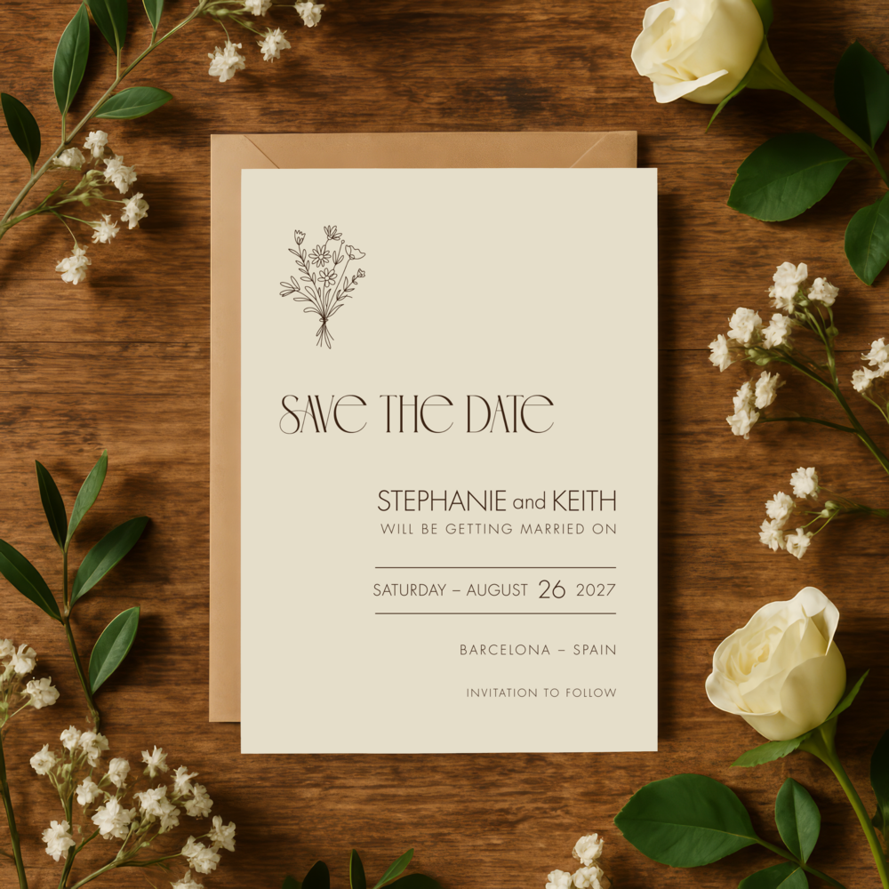 Neutral wedding Save the Date card in parchment tone with wildflower line art – Heritage Collection by Patti & Hank