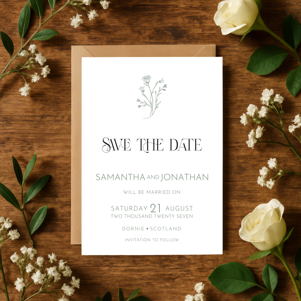 Sage green wedding Save the Date card with botanical wildflower line art – Heritage Collection by Patti & Hank
