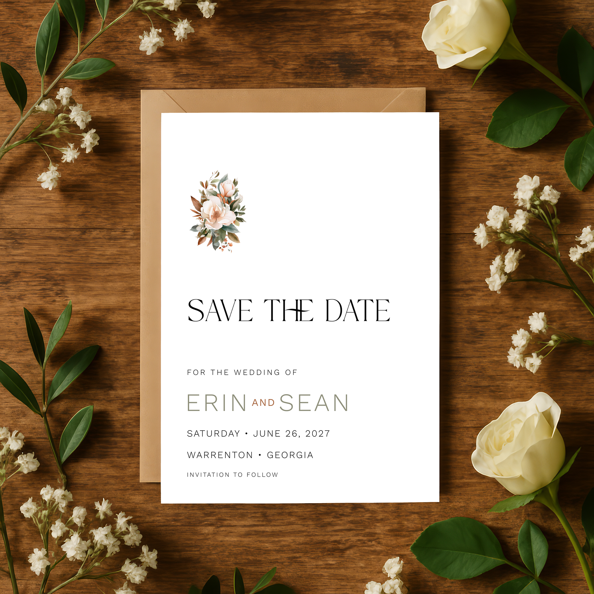 Southern wedding Save the Date card with a blush magnolia floral bouquet – Heritage Collection by Patti & Hank
