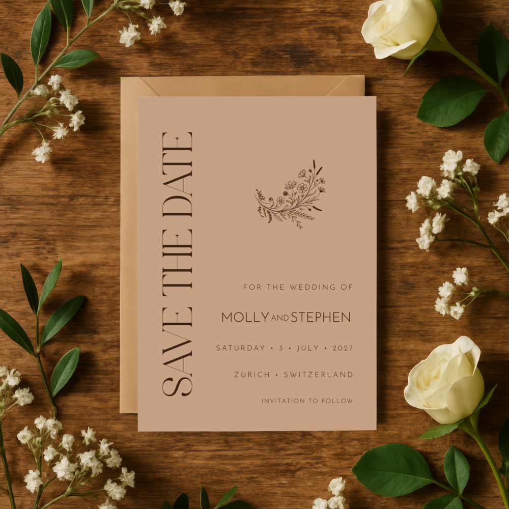 Fall wedding Save the Date card in terracotta tone with wildflower line art – Heritage Collection by Patti & Hank