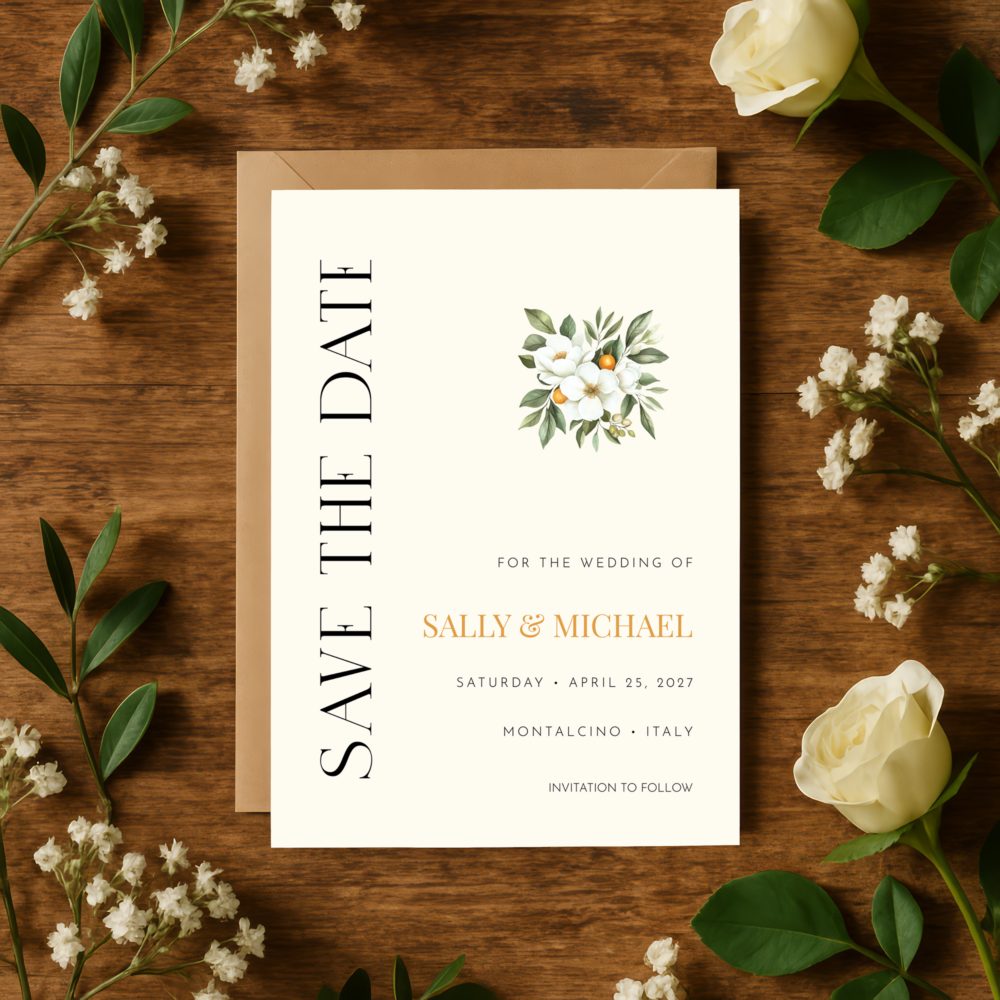 Tuscan wedding Save the Date card with a white magnolia and citrus floral bouquet – Heritage Collection by Patti & Hank