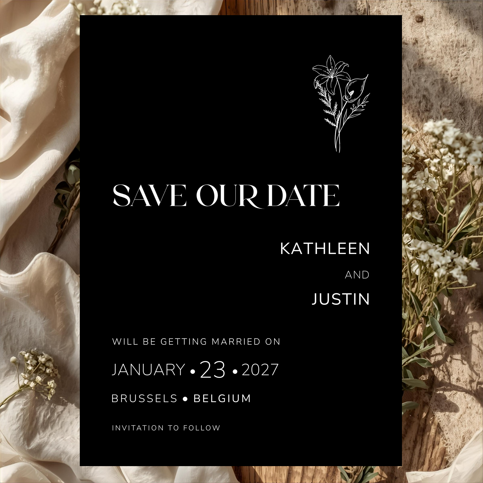 Black Tie Wedding Theme Invitations: The Black Botanical Collection.
