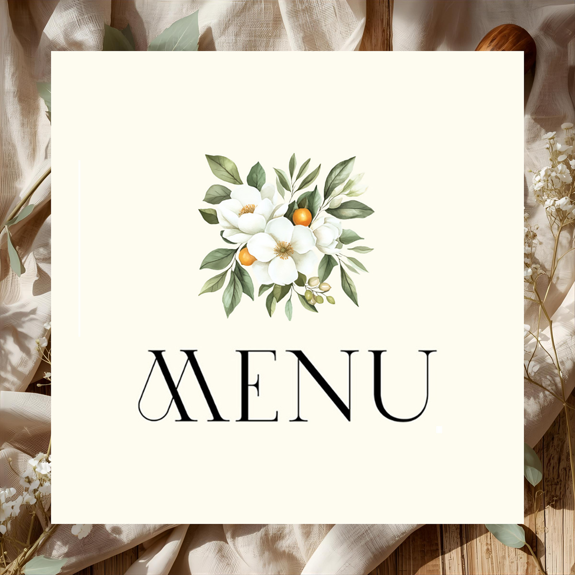 Tuscan wedding invitation suite menu card with watercolor floral typography