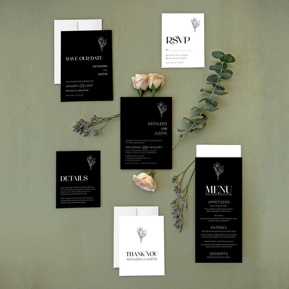 Black Botanical Wedding Invitation Templates