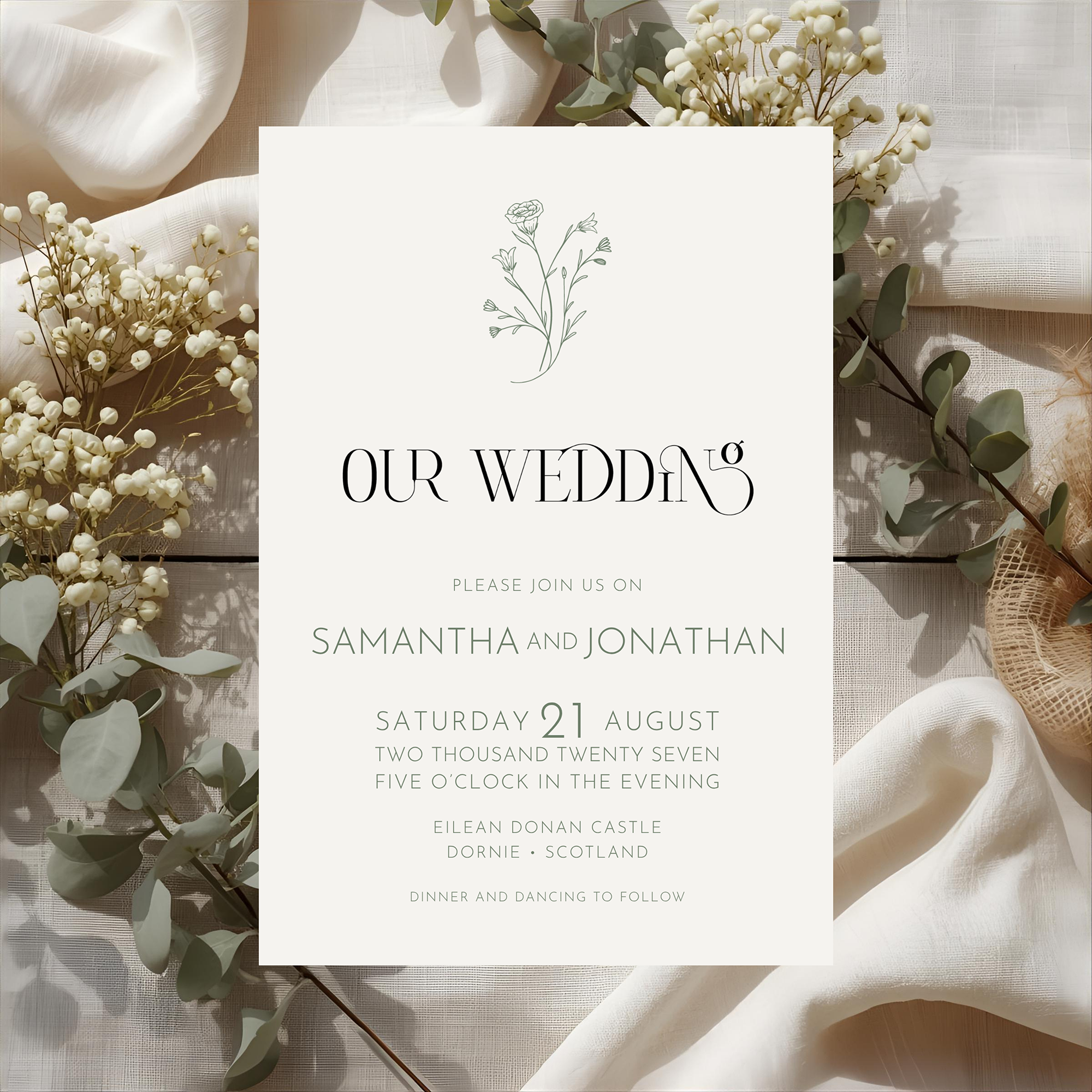 Sage Green Invitation Web Tuscan wedding invitation suite mockup with a white magnolia and citrus bouquet, matching save the date.